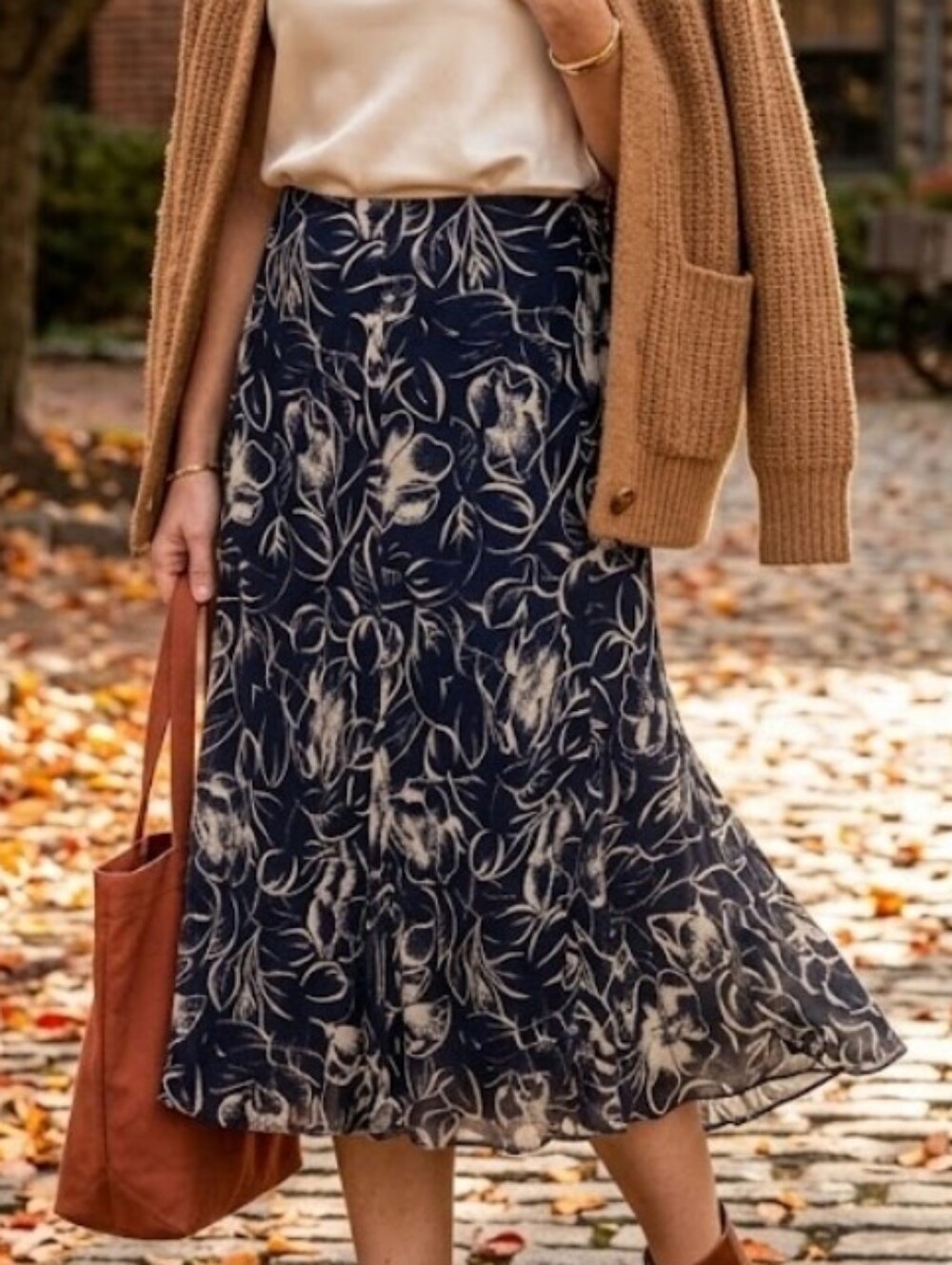 Lauren Ralph Lauren Petite 12P 100% Silk Chiffon Floral Midi Skirt Navy Cream